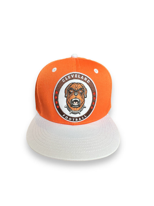 Orange hat with a white bill. Design is the dawg food logo centered with text and stars