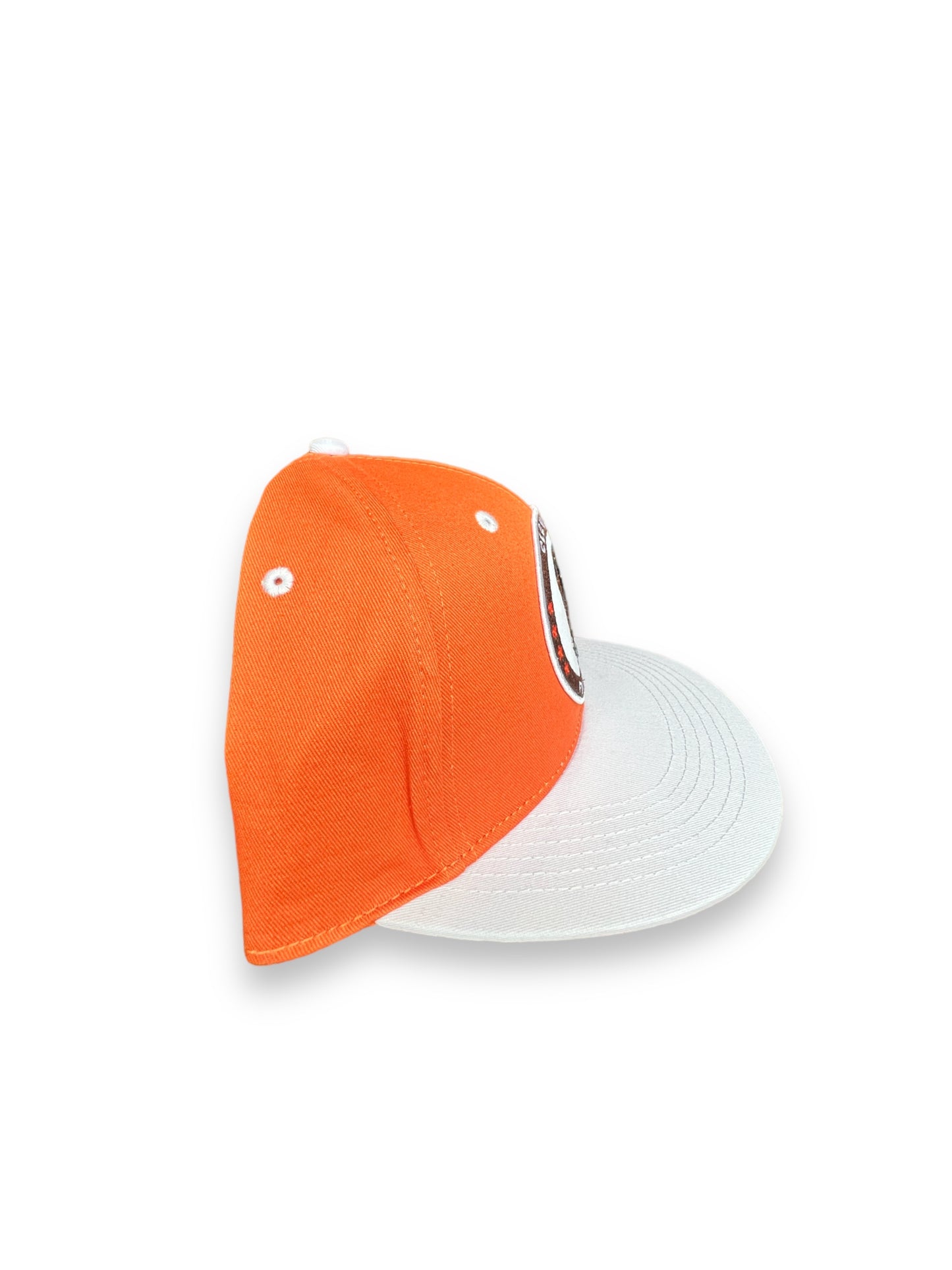 Side view of orange hat with white bill
