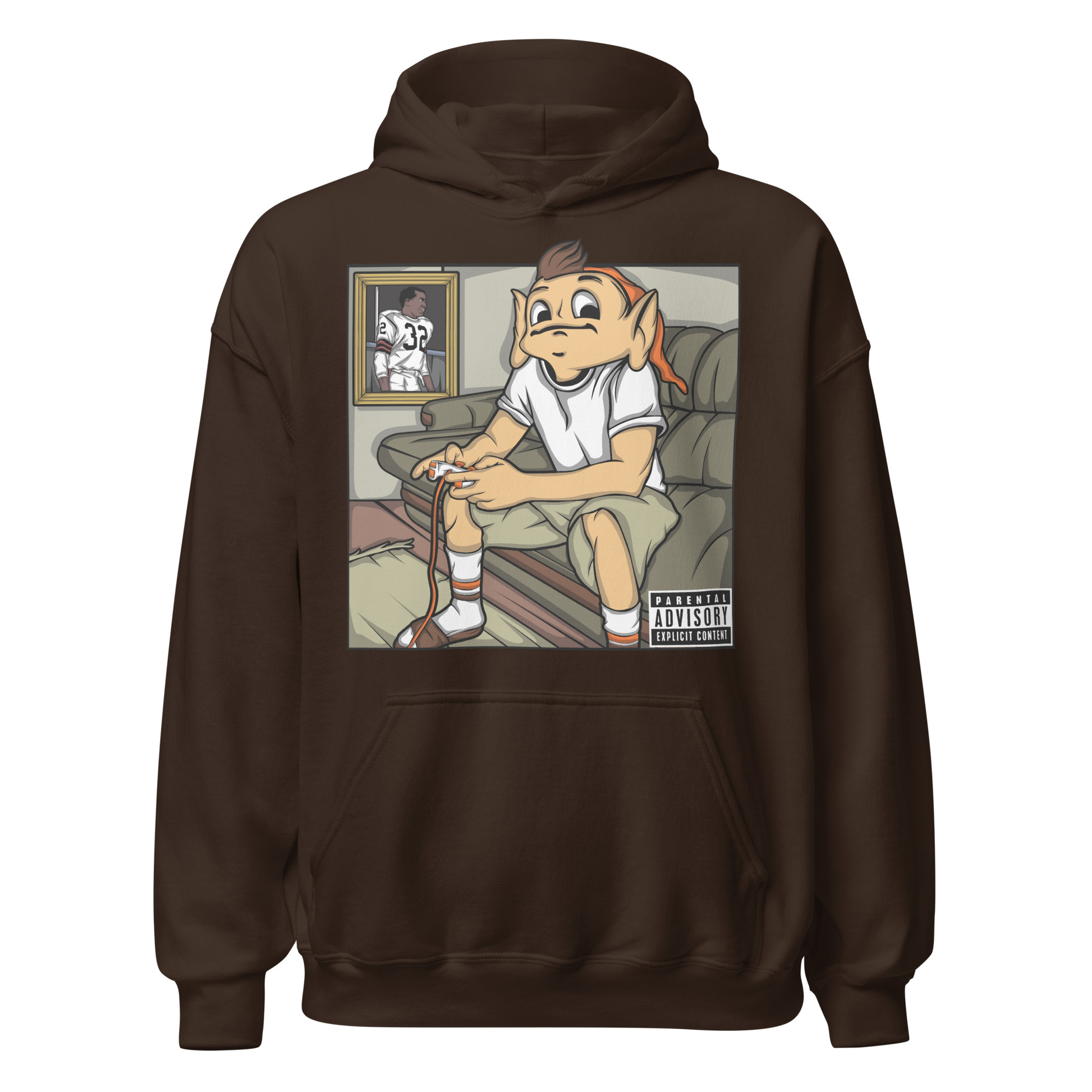 Brown hoodie with artwork centered